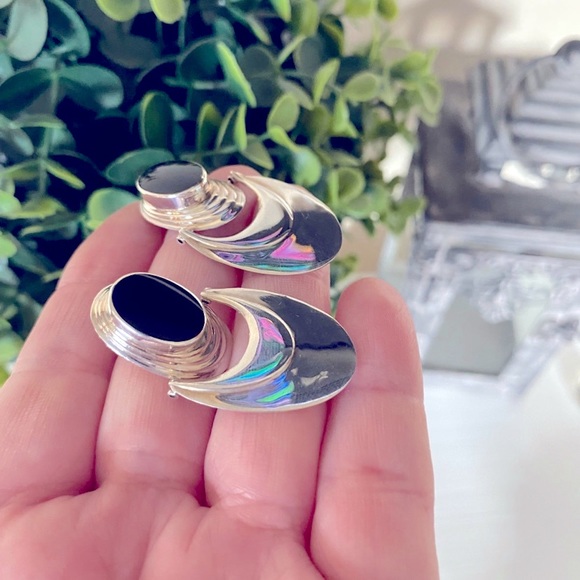 Vintage Chapel Zenray Modernist onyx Sterling Silver large 925 Dangle earrings - Picture 2 of 5